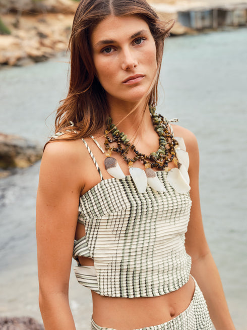 Tejada Pleated Linen Top / Green Stripes